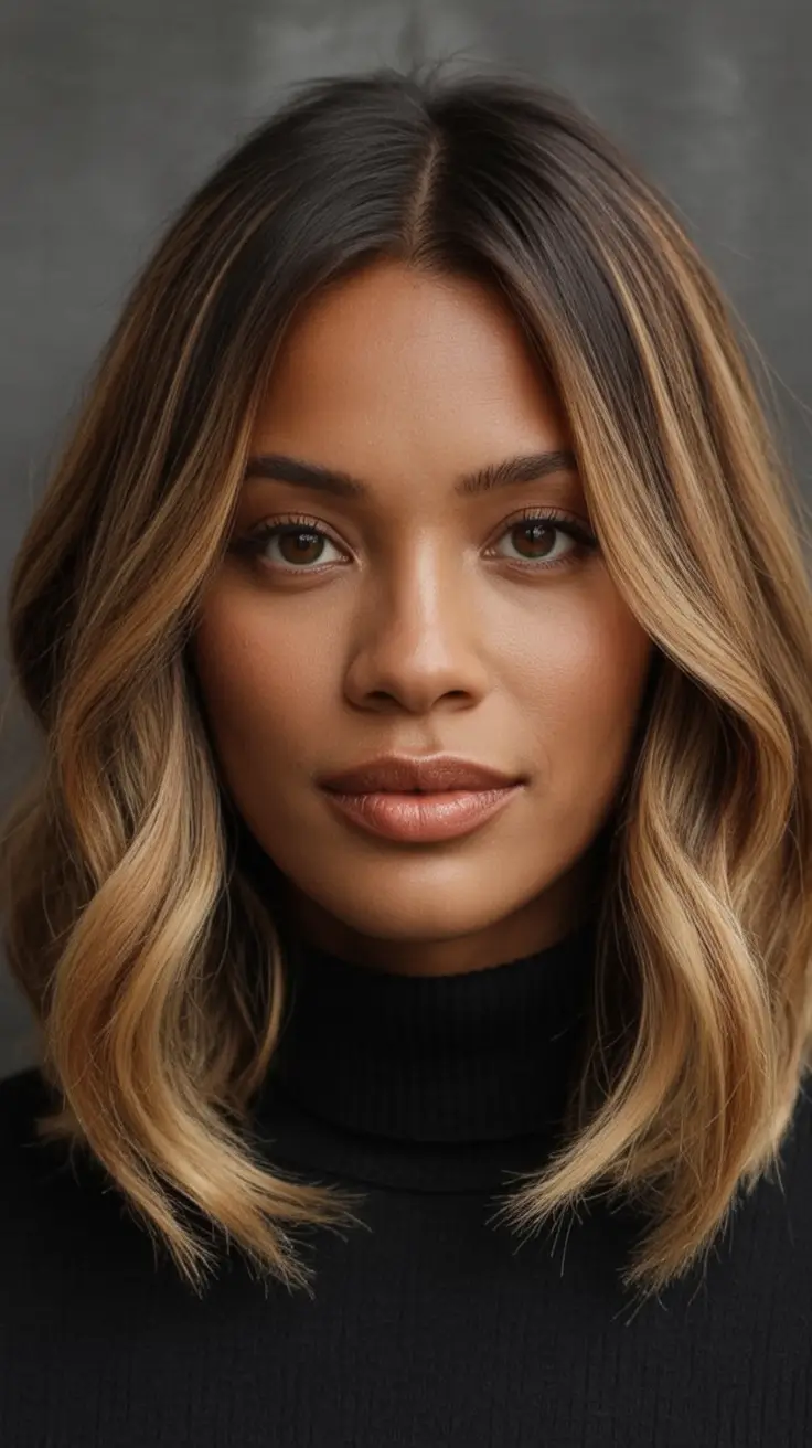 Fall 2025 Hairstyles for Black Women Center-Parted Long Bob with Warm Balayage