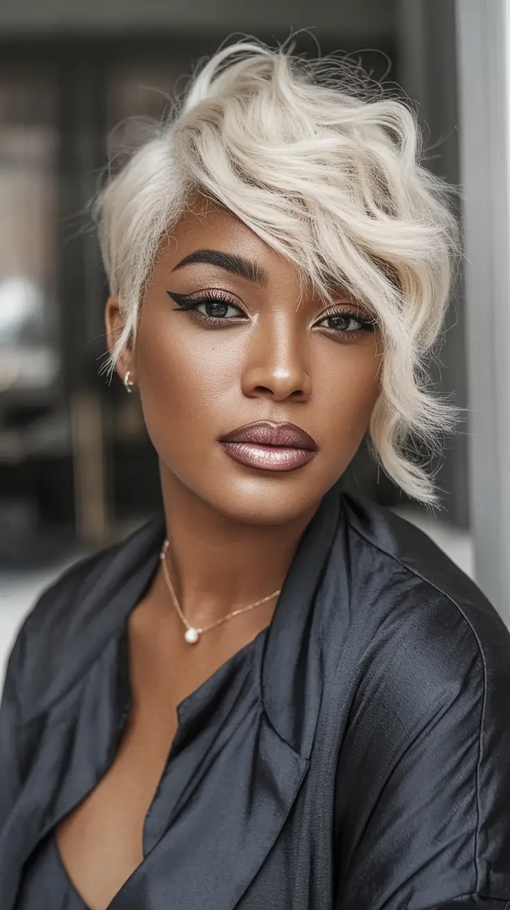 Fall 2025 Hairstyles for Black Women Side-Swept Platinum Pixie with Sculpted Waves