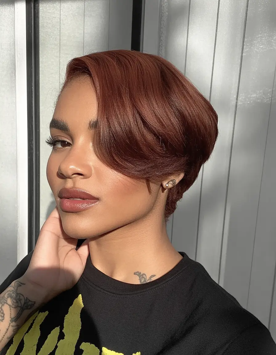 Fall 2025 Hairstyles for Black Women Rich Mahogany Side-Swept Pixie
