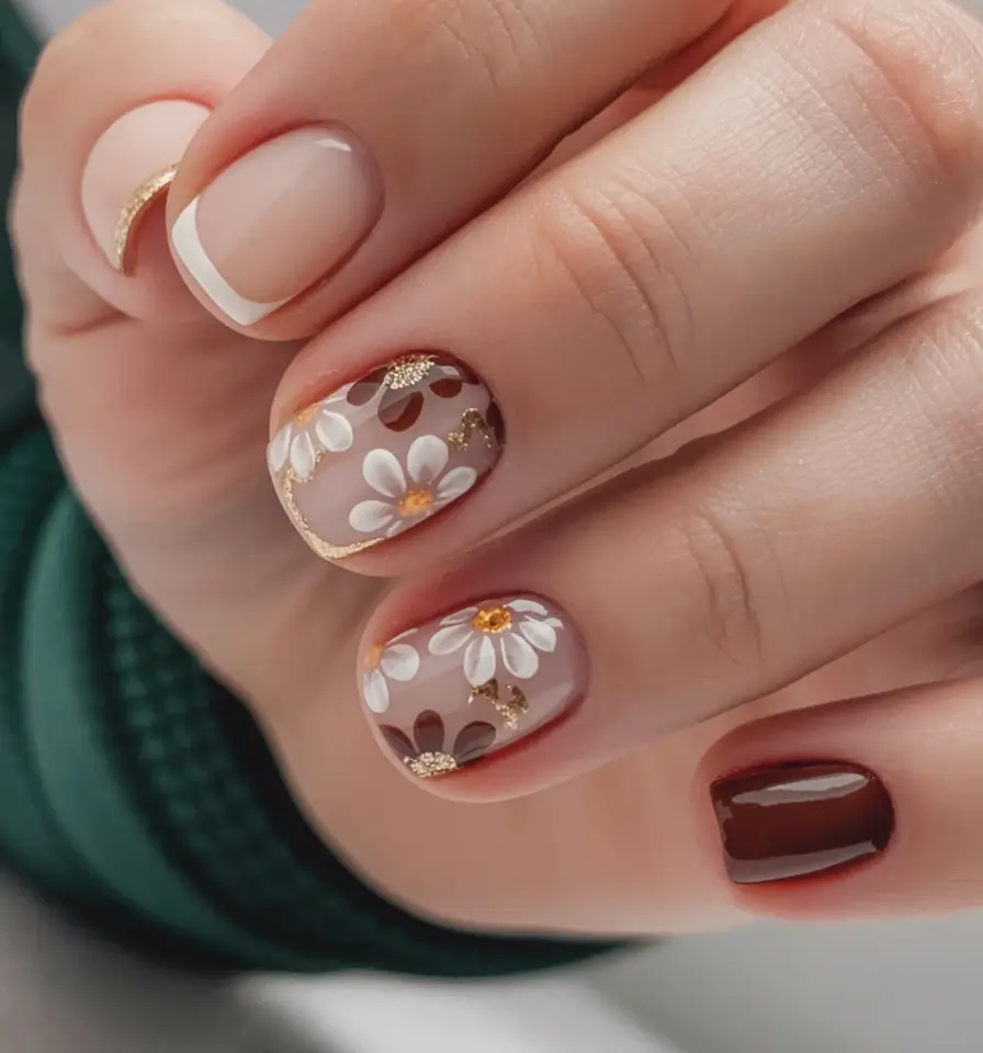 Fall 2025 Season Nail Inspiration Floral Foil Delight