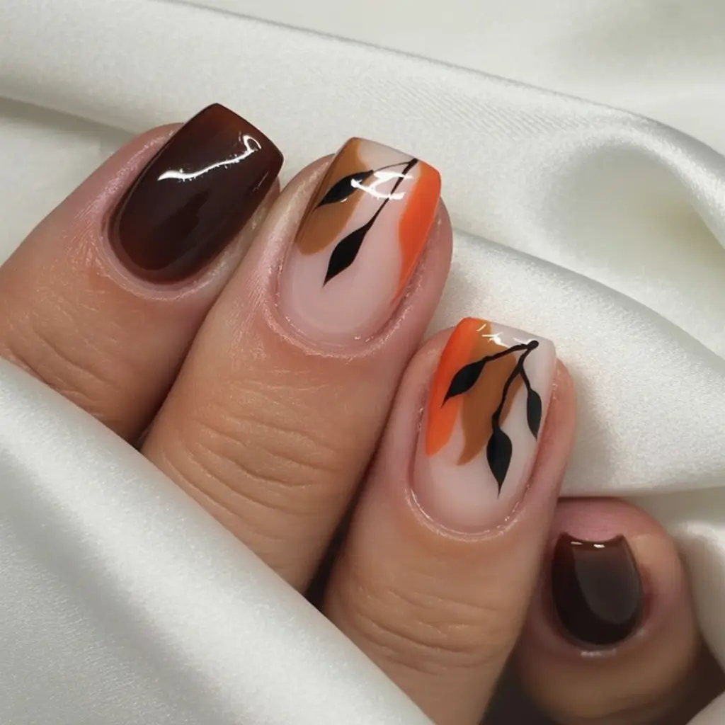 Fall 2025 Season Nail Inspiration Abstract Fall Leaves in Burnt Tones