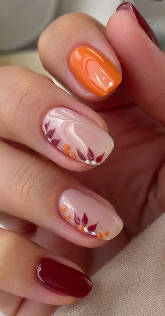 Fall 2025 Season Nail Inspiration Delicate Leaves and Autumn Accents