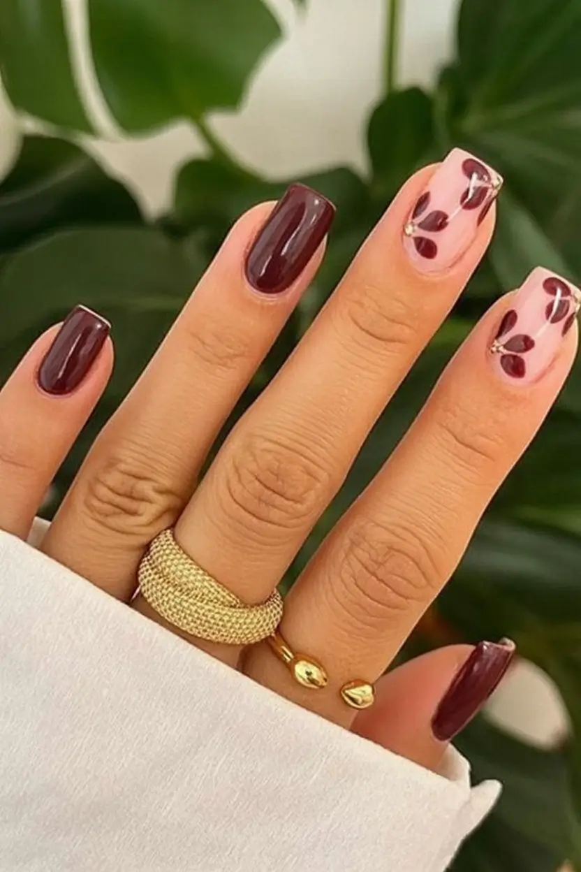 Fall 2025 Season Nail Inspiration Maroon Drama with Fall Vine Accents