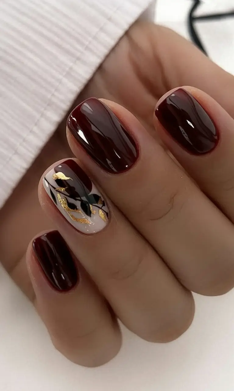 Fall 2025 Season Nail Inspiration Gilded Leaves and Burgundy Luxe
