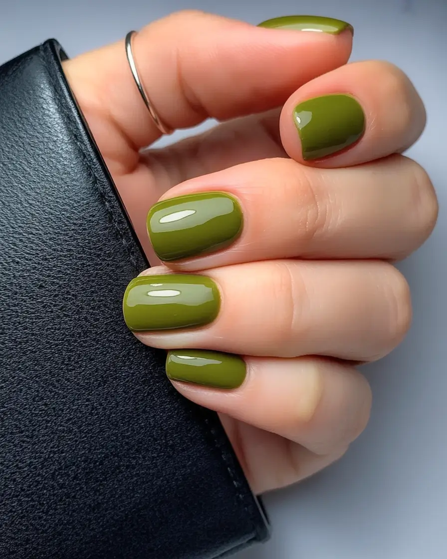 Fall 2025 Season Nail Inspiration Olive Green Acrylic Short Almond