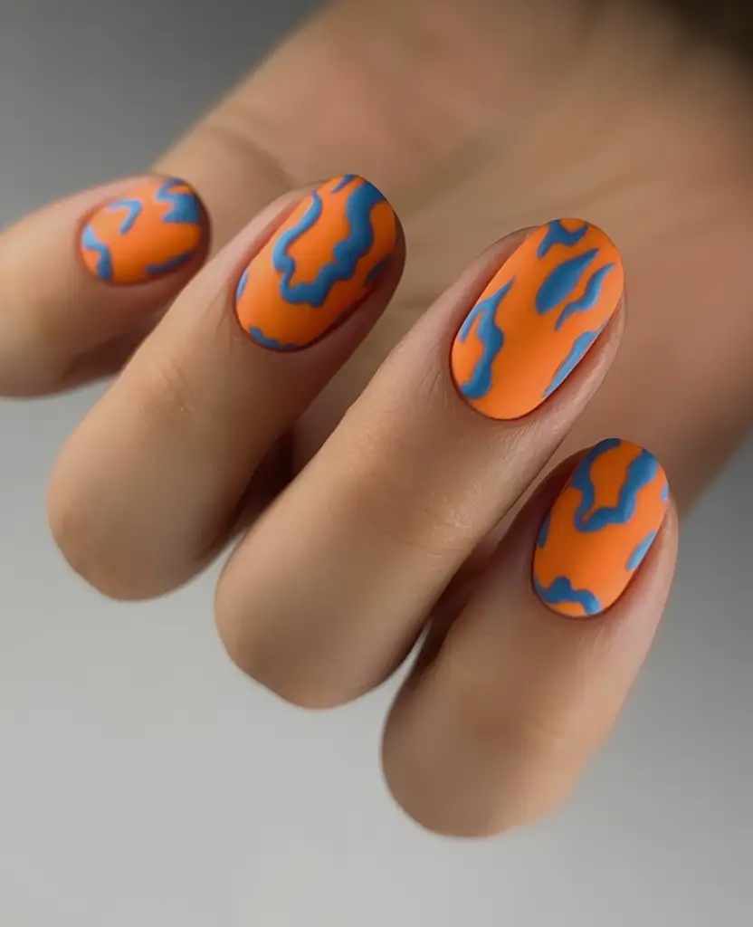 Fall 2025 Season Nail Inspiration Blue Fire Abstract Almond