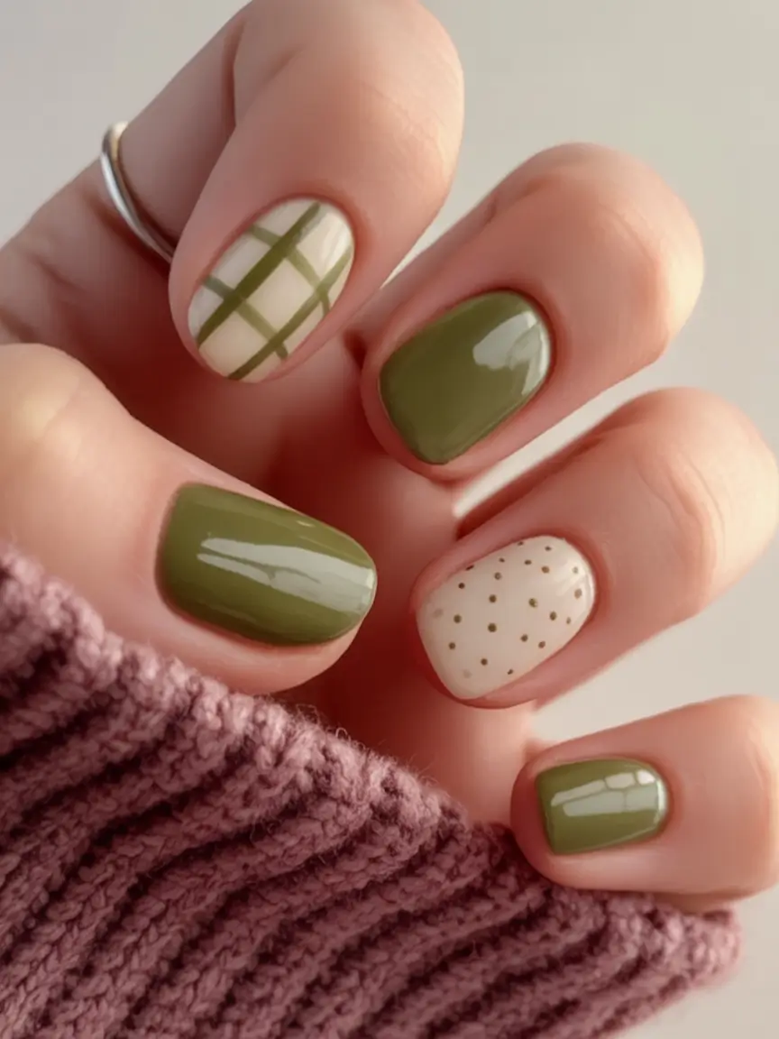 Fall 2025 Season Nail Inspiration Olive Plaid Cozy Short