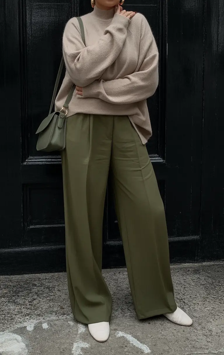 Fall 2025 Style outfits Ideas for Midsize Women Taupe Sweater And Olive Trousers Harmony