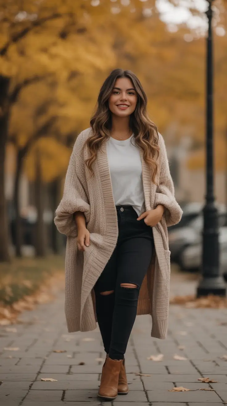 Fall 2025 Style outfits Ideas for Midsize Women Cozy Cardigan And Fall Leaves Stroll