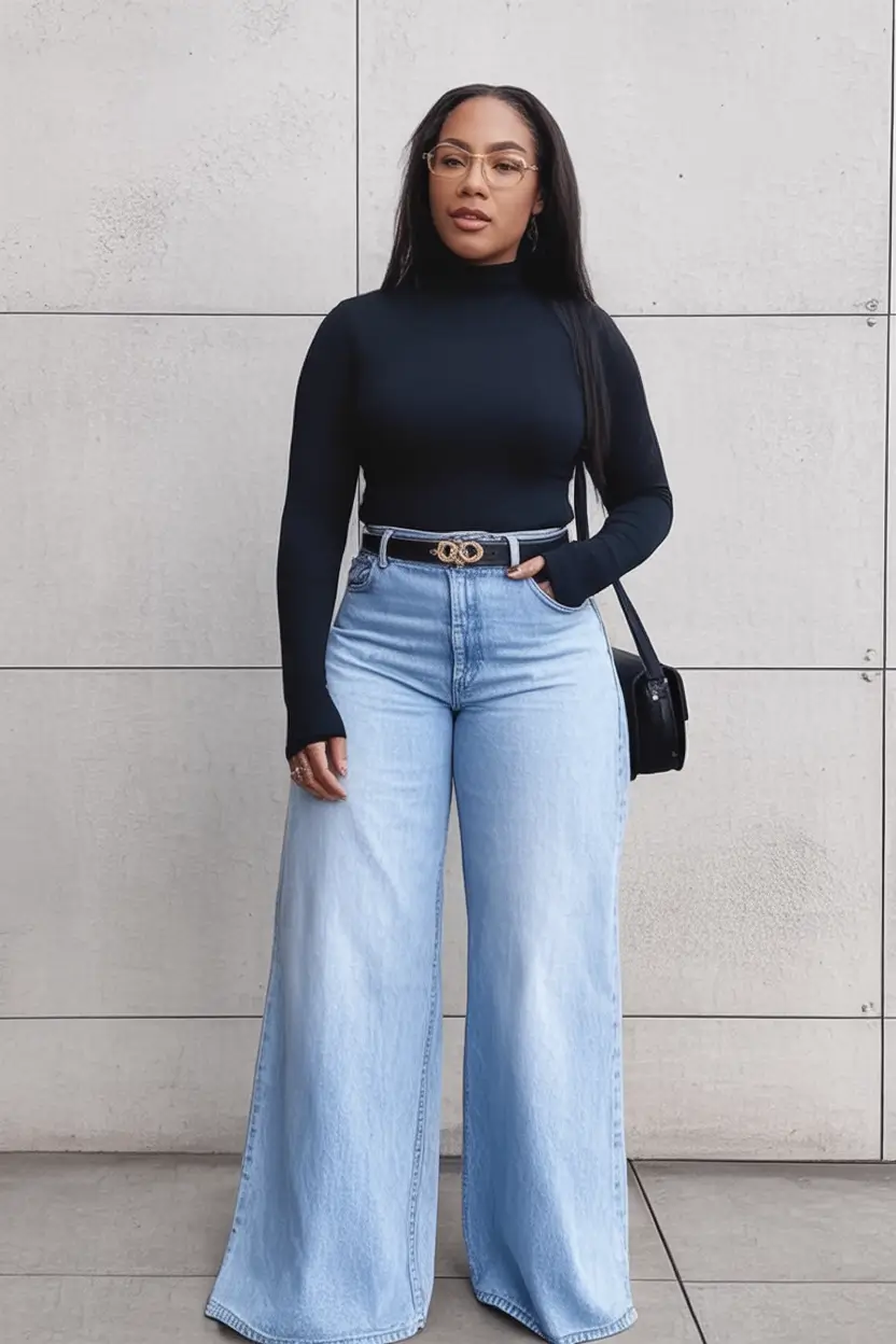Fall 2025 Style outfits Ideas for Midsize Women Black Fitted Top With Classic Wide-Leg Jeans