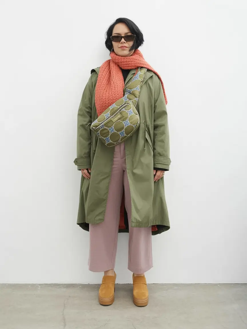 Fall 2025 Style outfits Ideas for Midsize Women Edgy Olive Layers With Coral Punch