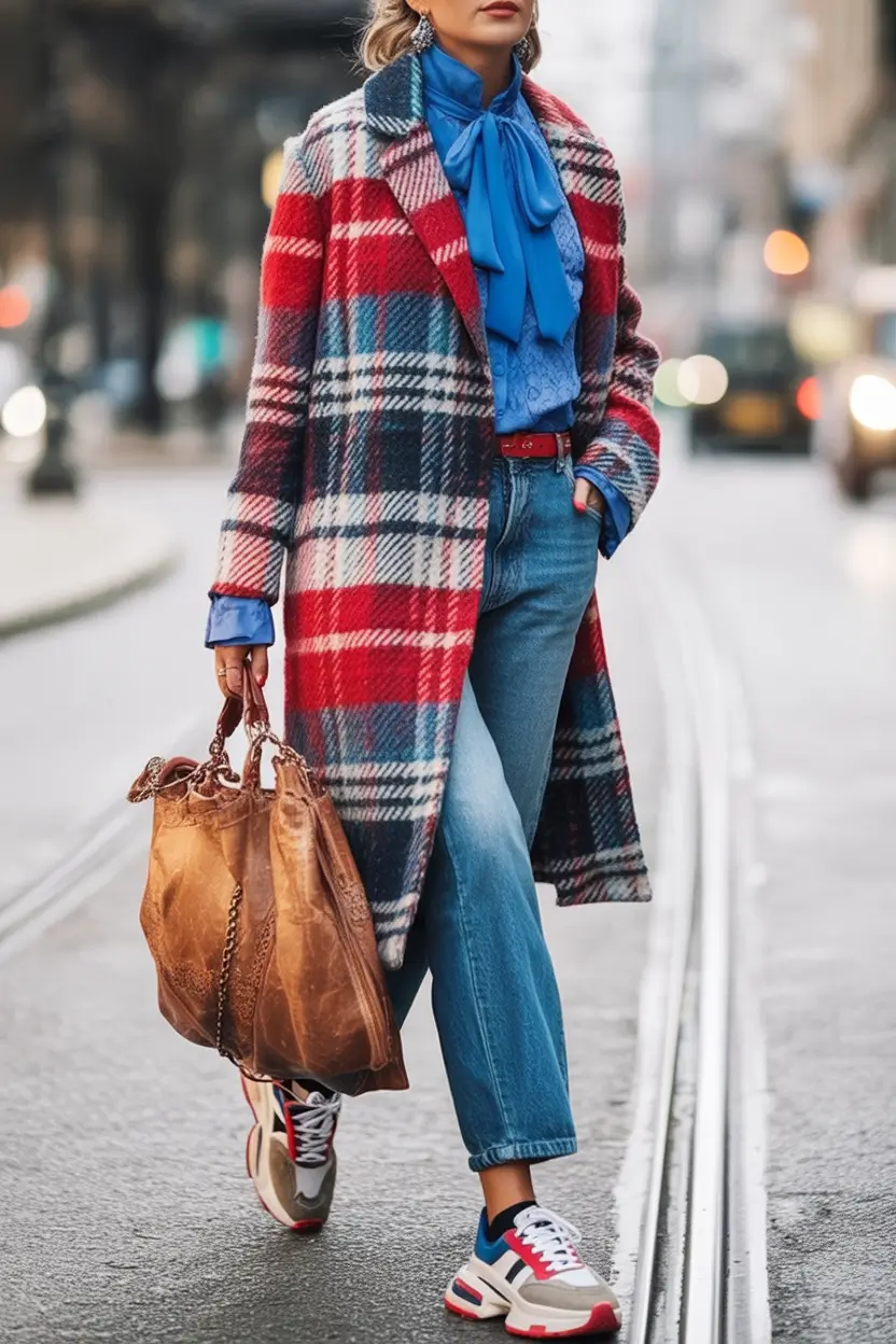 Fall 2025 Style outfits Ideas for Midsize Women Plaid Coats and Pops of Primary