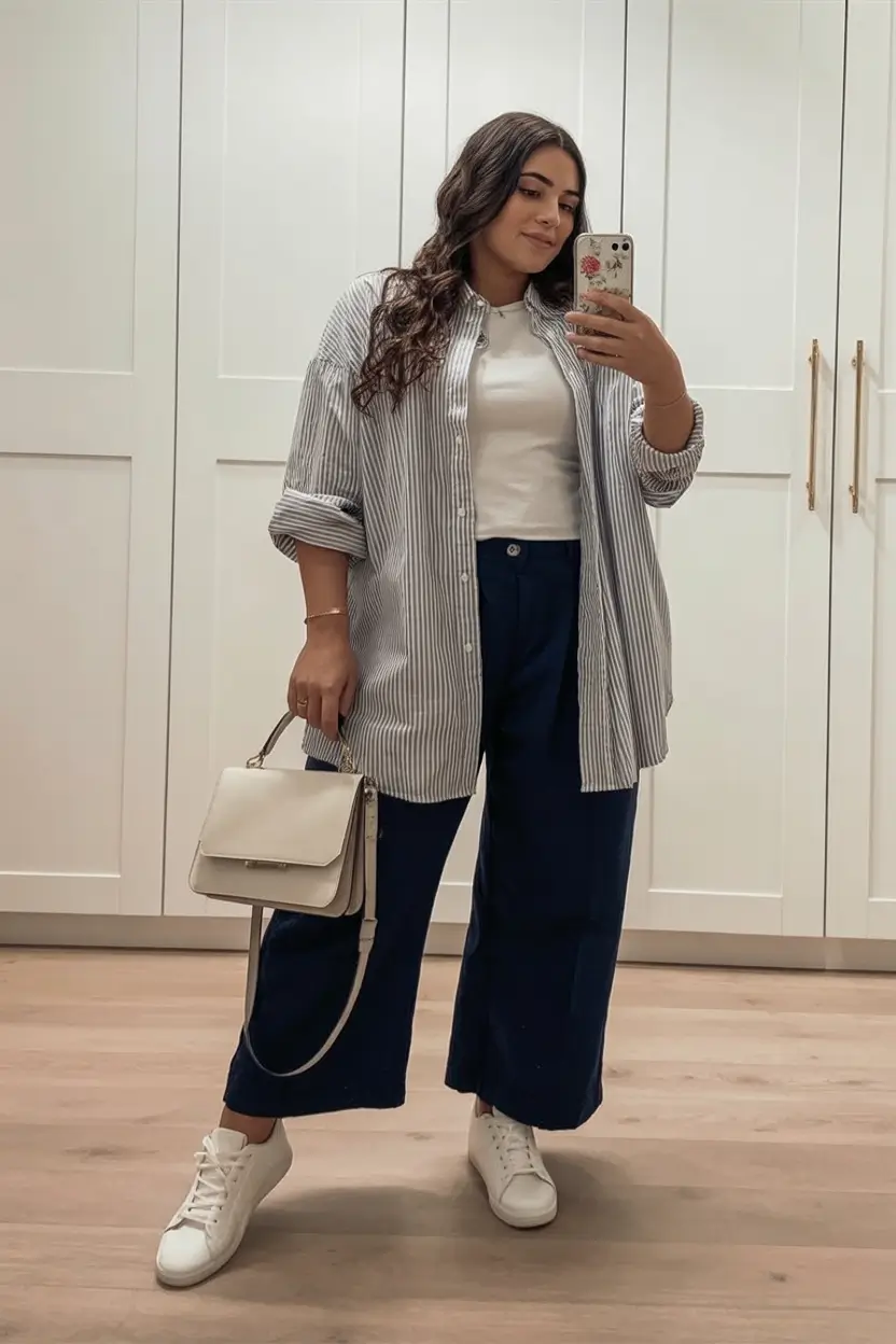 Fall 2025 Style outfits Ideas for Midsize Women Striped Shirts and Wide Leg Cool