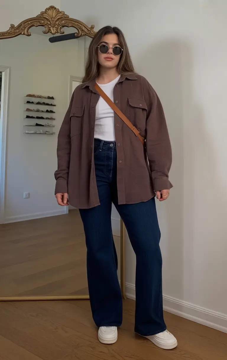 Fall 2025 Style outfits Ideas for Midsize Women Retro Browns and Flared Denim