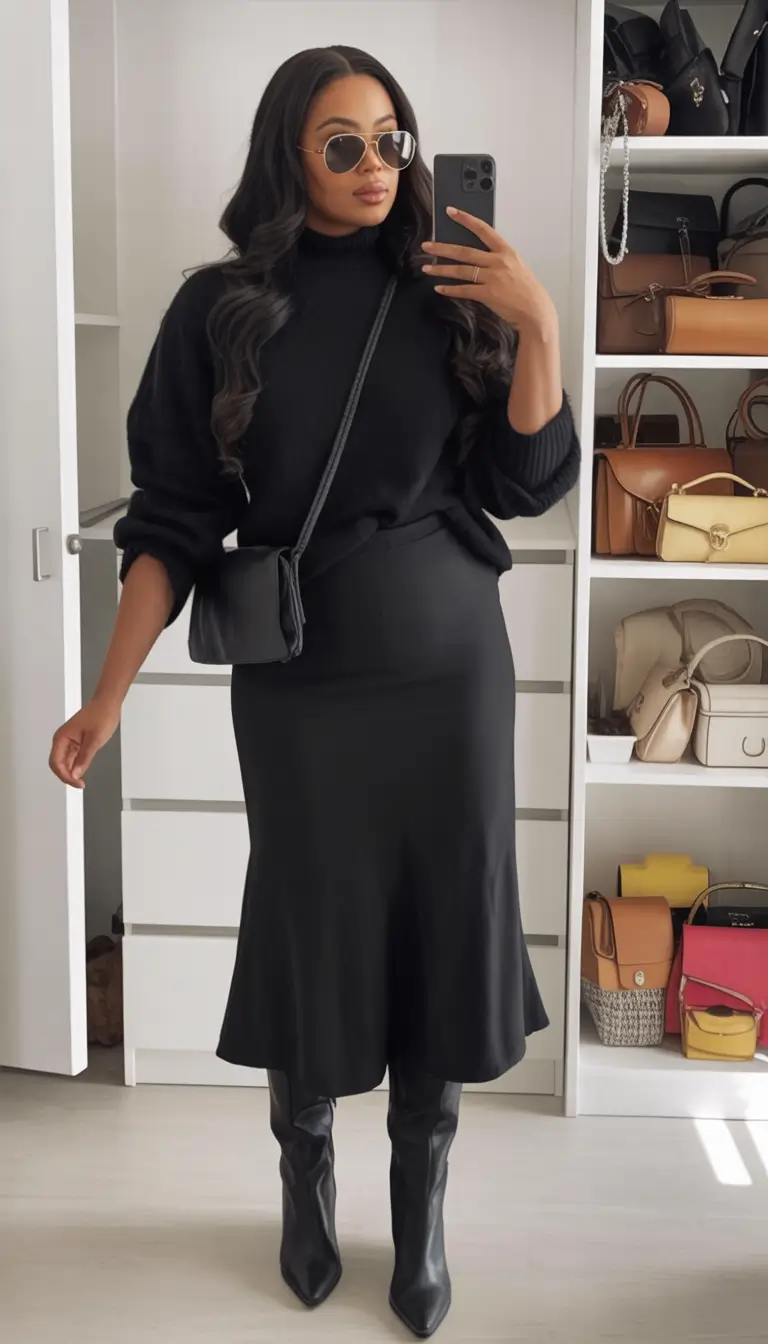 Fall 2025 Style outfits Ideas for Midsize Women sleek in all black sophistication