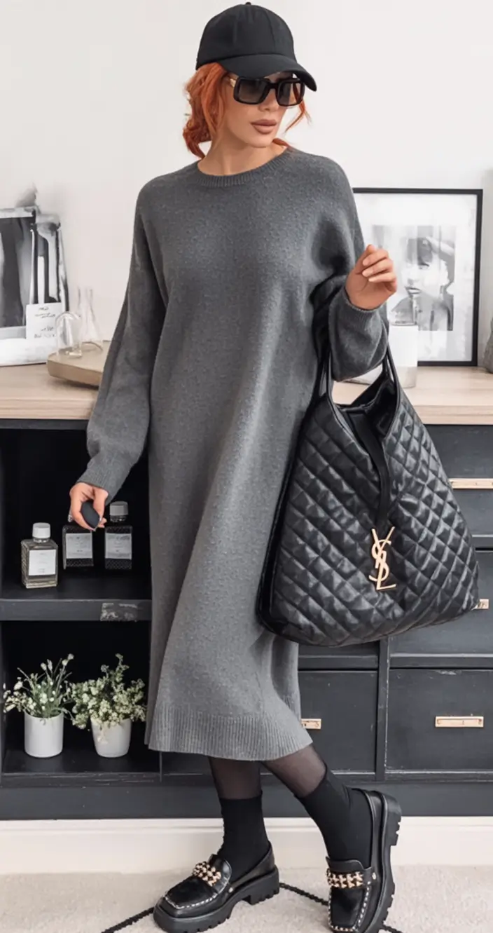 Fall 2025 Style outfits Ideas for Midsize Women slouchy gray knit and edgy black loafers