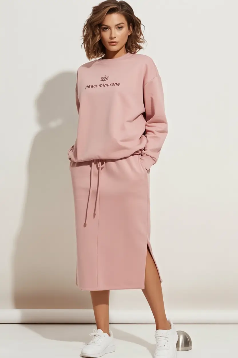 Fall 2025 Style outfits Ideas for Midsize Women mauve sweatshirt and midi skirt co-ord