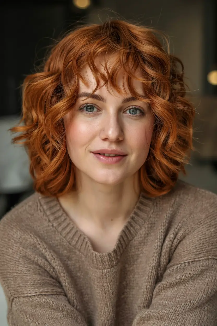 2025 Hair Trends: Fall Cuts That Suit Oval Faces Copper Curly Shag with Micro Bangs