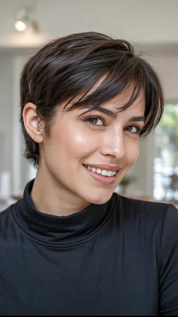 2025 Hair Trends: Fall Cuts That Suit Oval Faces Feathered Pixie with Fringe and Shine