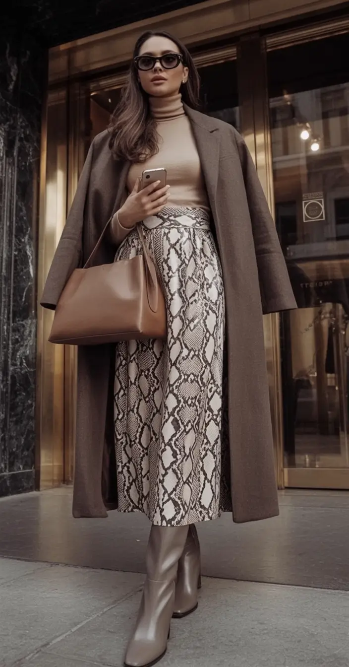 Fall fashion guide 2025: Must-have outfits styles Python Print Meets Camel Chic