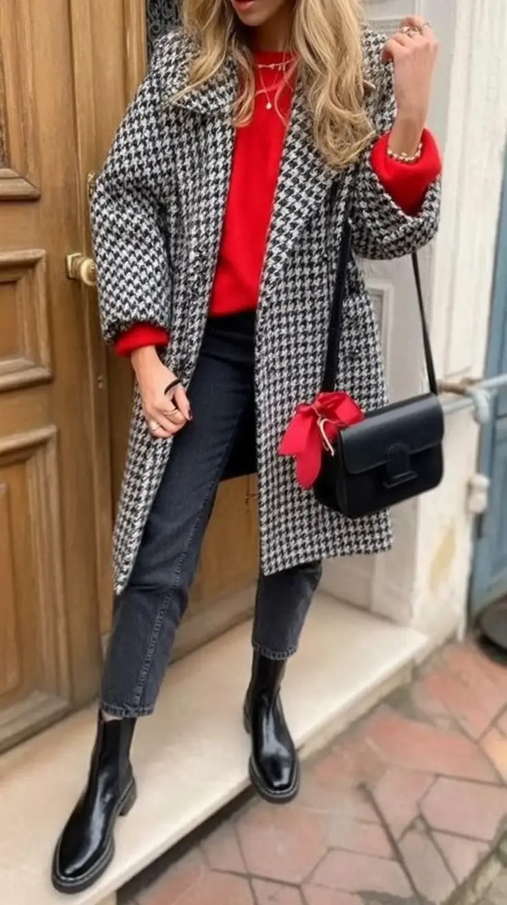 Fall Fashion Refresh – New outfits Ideas for 2025 Retro Revival Houndstooth and Bold Pops of Red