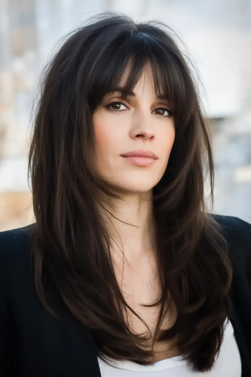Fall Haircut Ideas for September 2025 Layered Cut with Heavy Bangs and Sleek Finish