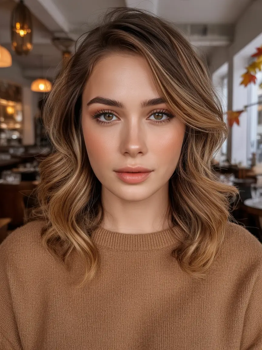 Fall Haircut Ideas for September 2025 Golden Chestnut Waves With Face-Framing Layers