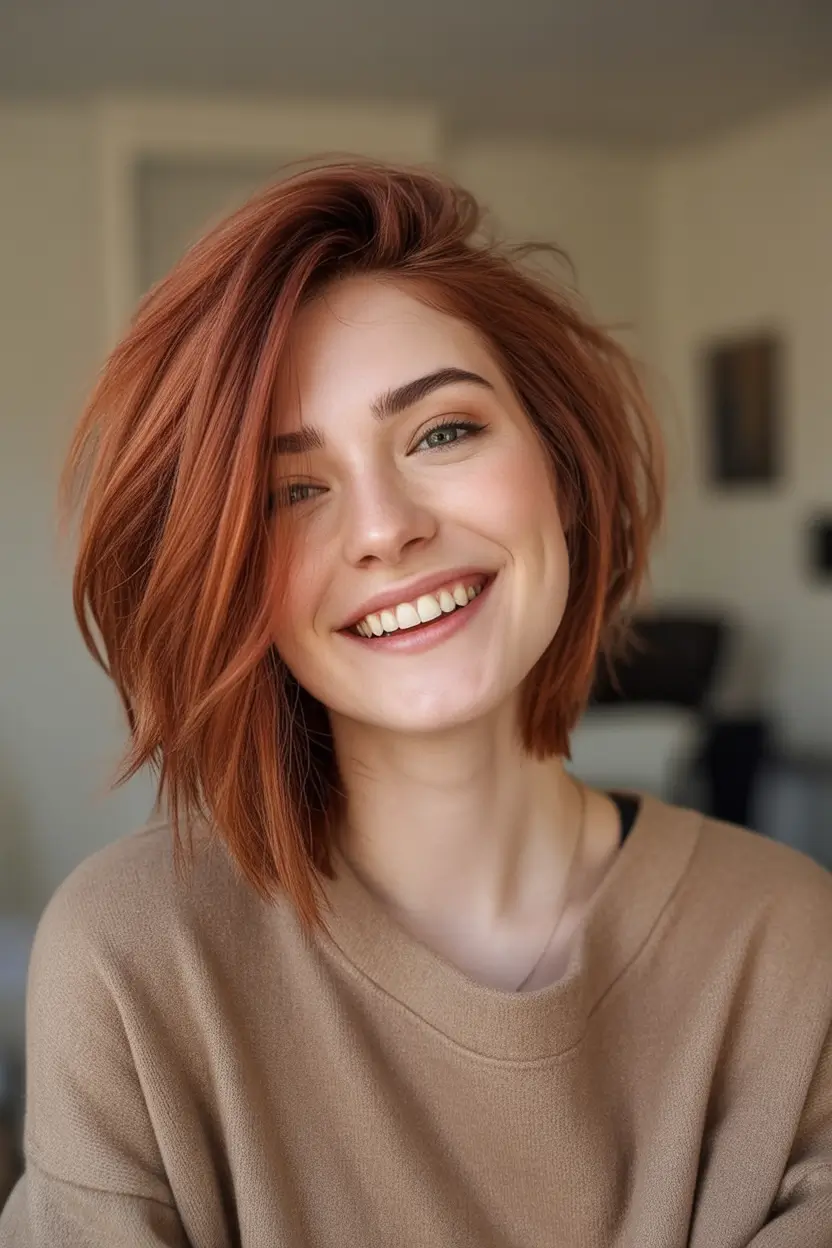 Fall Haircut Ideas for September 2025 Copper-Toned Long Bob With Side Volume