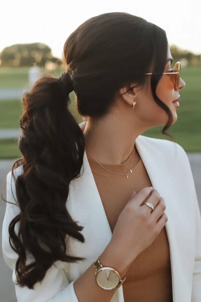 Fall hairstyle for women 2025 Voluminous Low Ponytail with Soft Curls