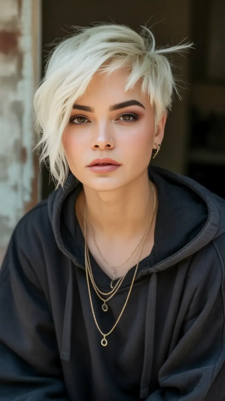 Fall hairstyle for women 2025 Side-Swept Platinum Pixie