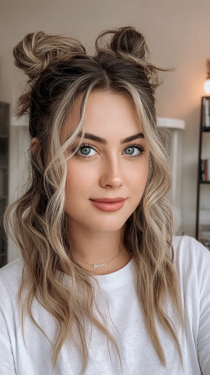 Fall hairstyle for women 2025 Messy Space Buns and Money Pieces