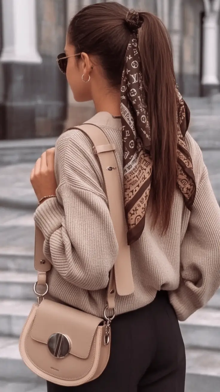 Fall hairstyle for women 2025 Silk-Scarf Ponytail