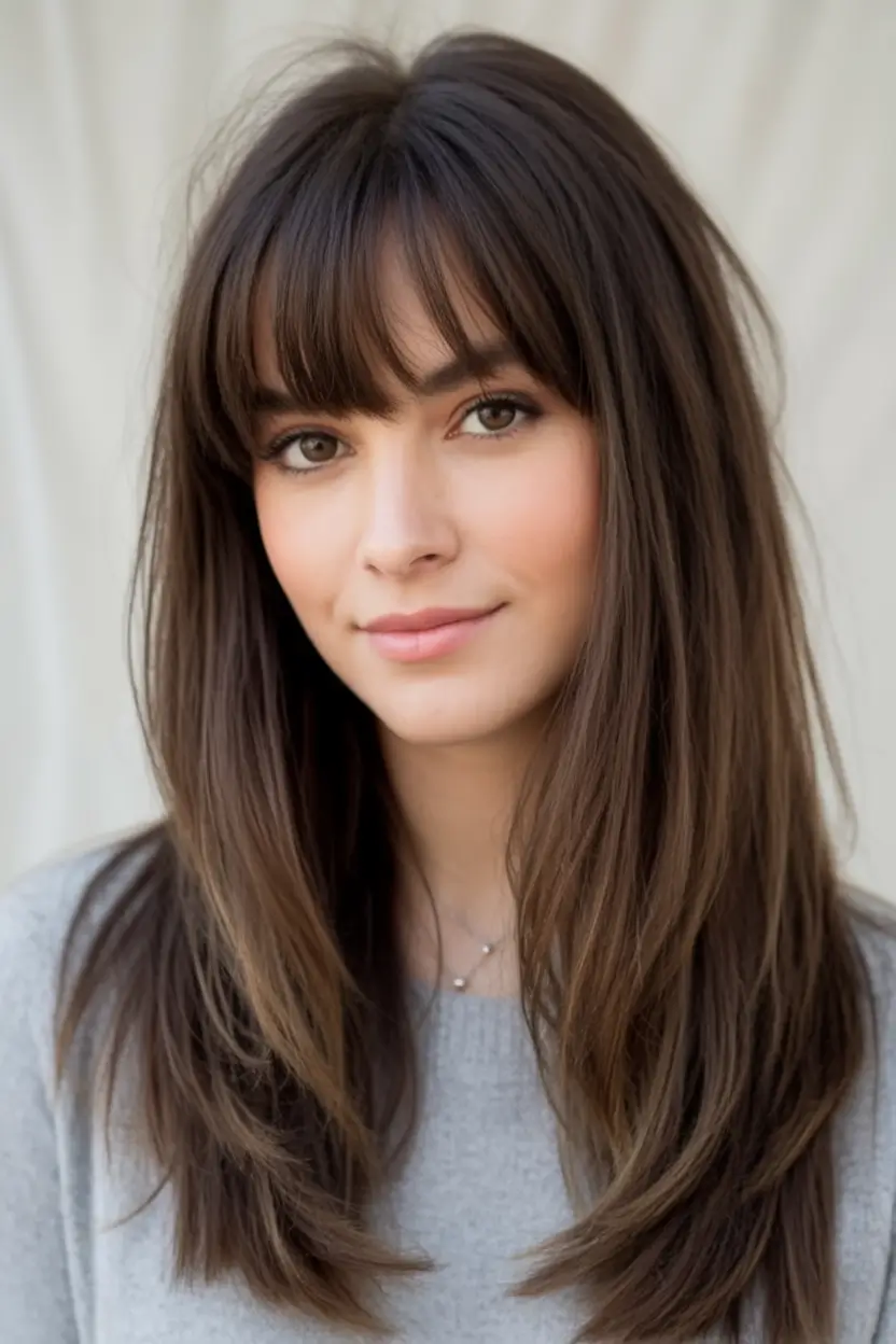Fall hairstyle for women 2025 Classic Layers with Curtain Bangs