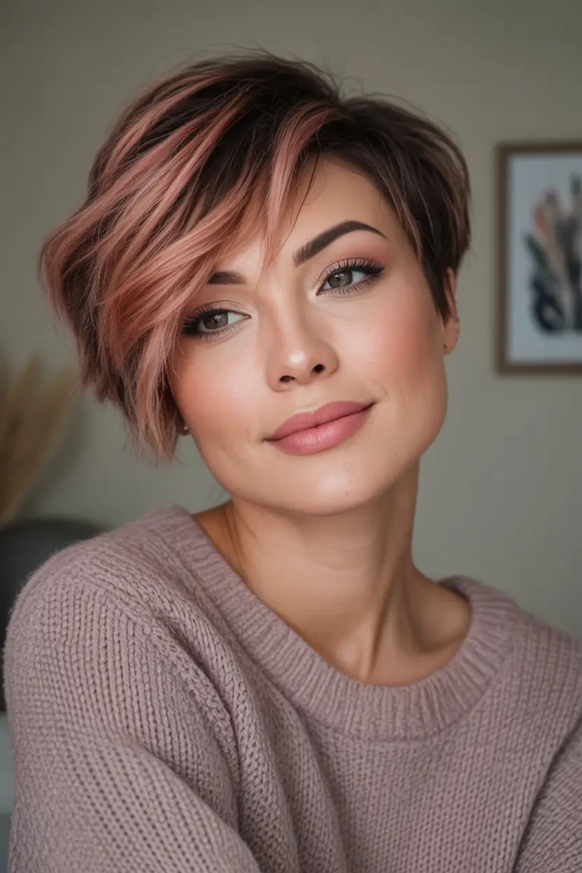Fall hairstyle for women 2025 Edgy Pixie with Pink Highlights