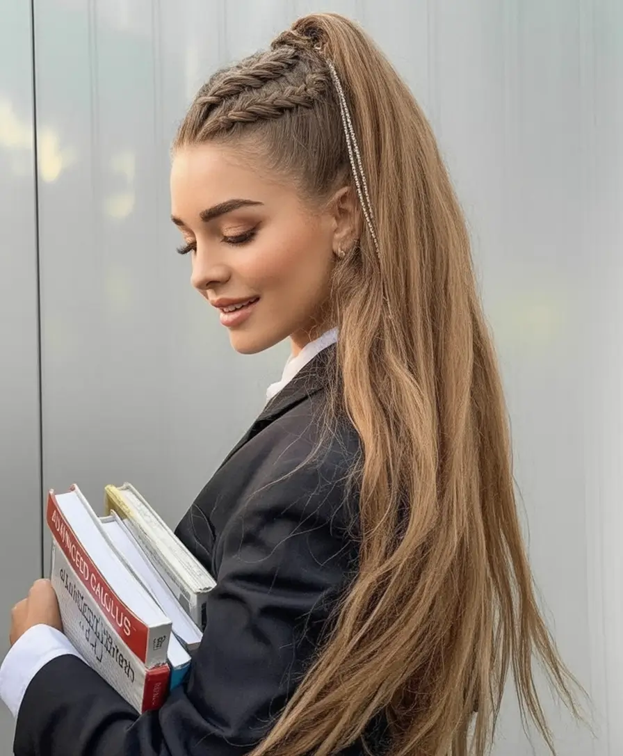 Fall hairstyle for women 2025 High Braided Ponytail with Sparkle
