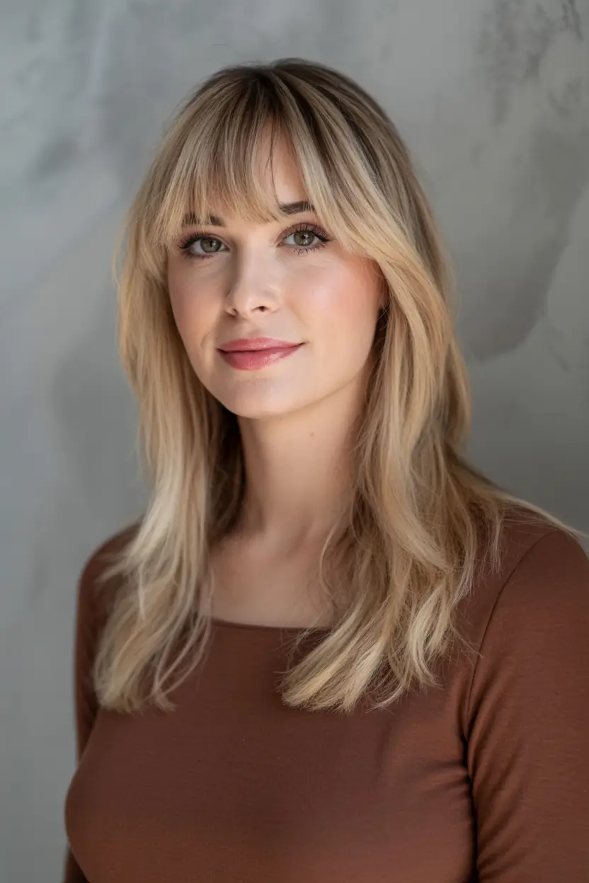 Fall hairstyle for women 2025 Warm Blonde Shag with Soft Bangs