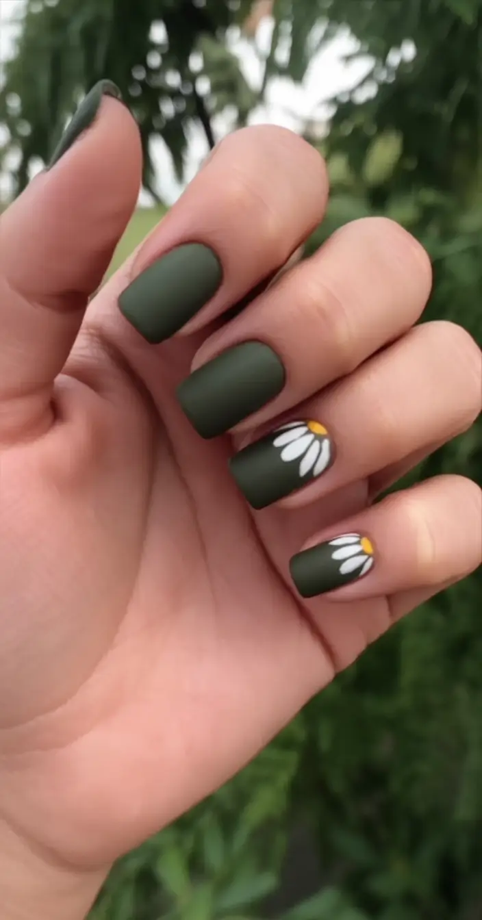 fall nail art ideas for september 2025 Matte Olive Daisies