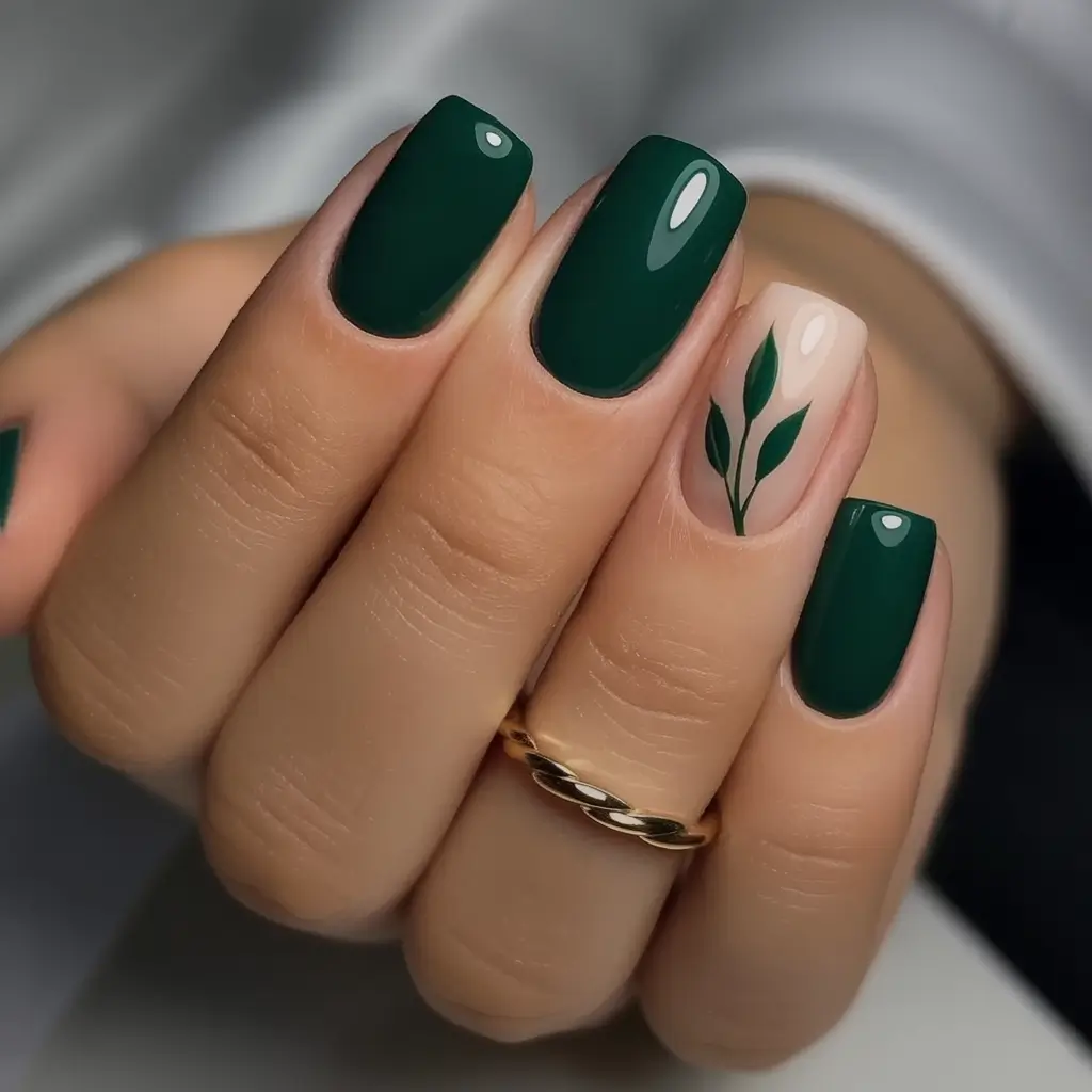 fall nail art ideas for september 2025 Deep Forest With Leaf Detail