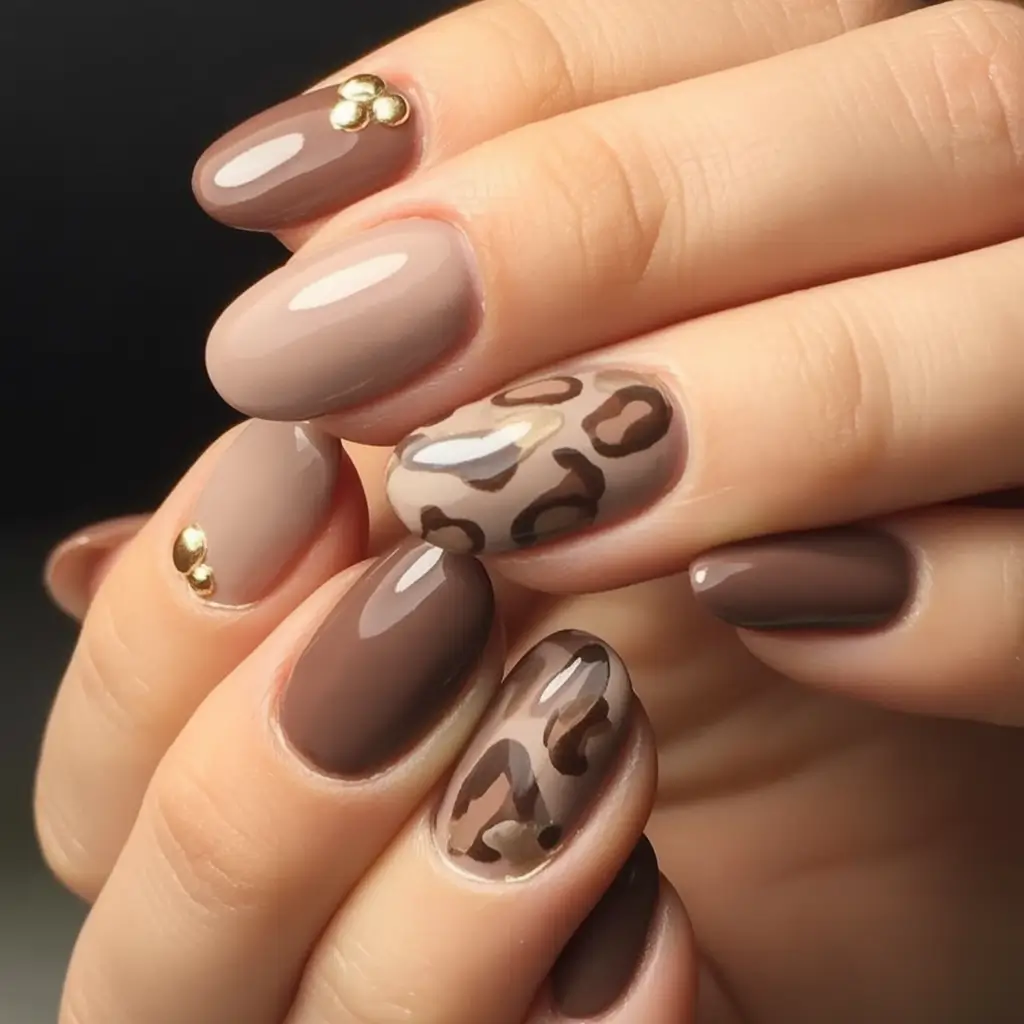 fall nail art ideas for september 2025 Glossy Taupe Leopard Blend