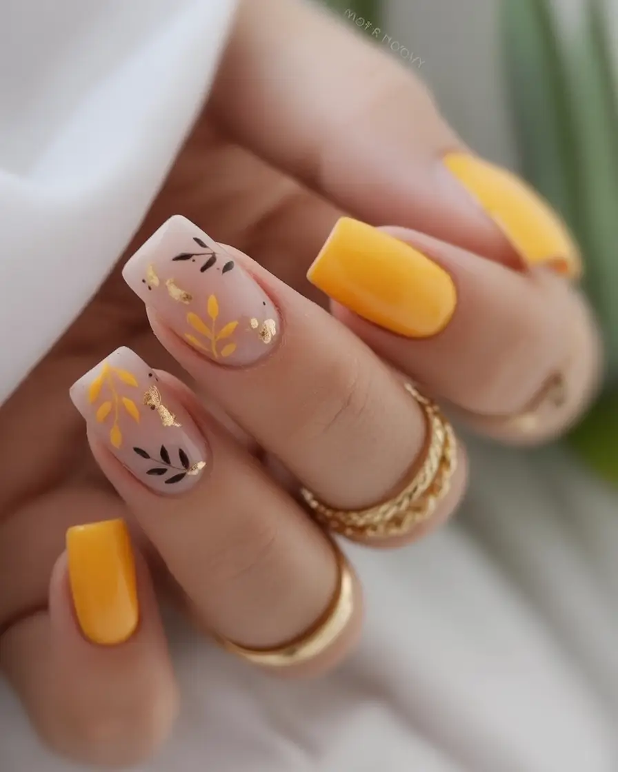 fall nail art ideas for september 2025 Yellow Leaves And Gold Flakes
