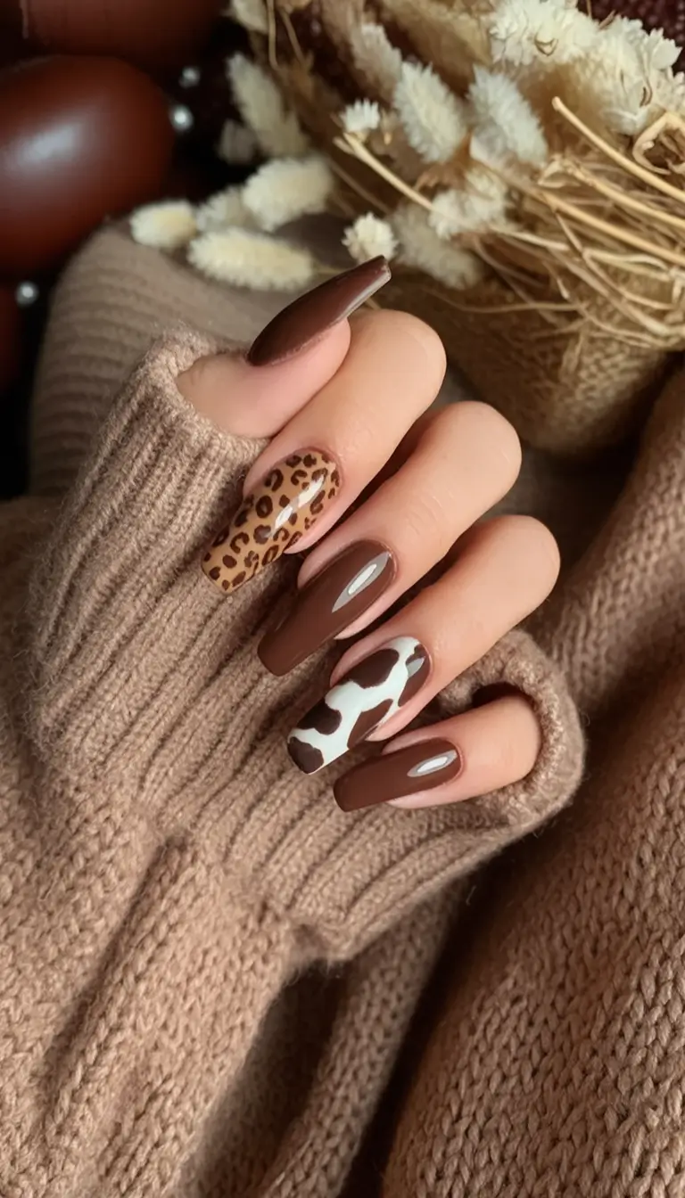 Fall Nail Art Ideas for September 2025 Cozy Brown Mix with Animal Prints