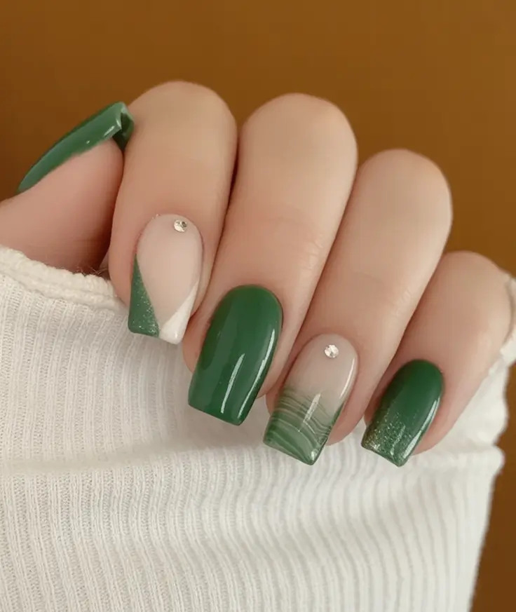 Fall Nail Art Ideas for September 2025 Elegant Green with Minimal Crystals