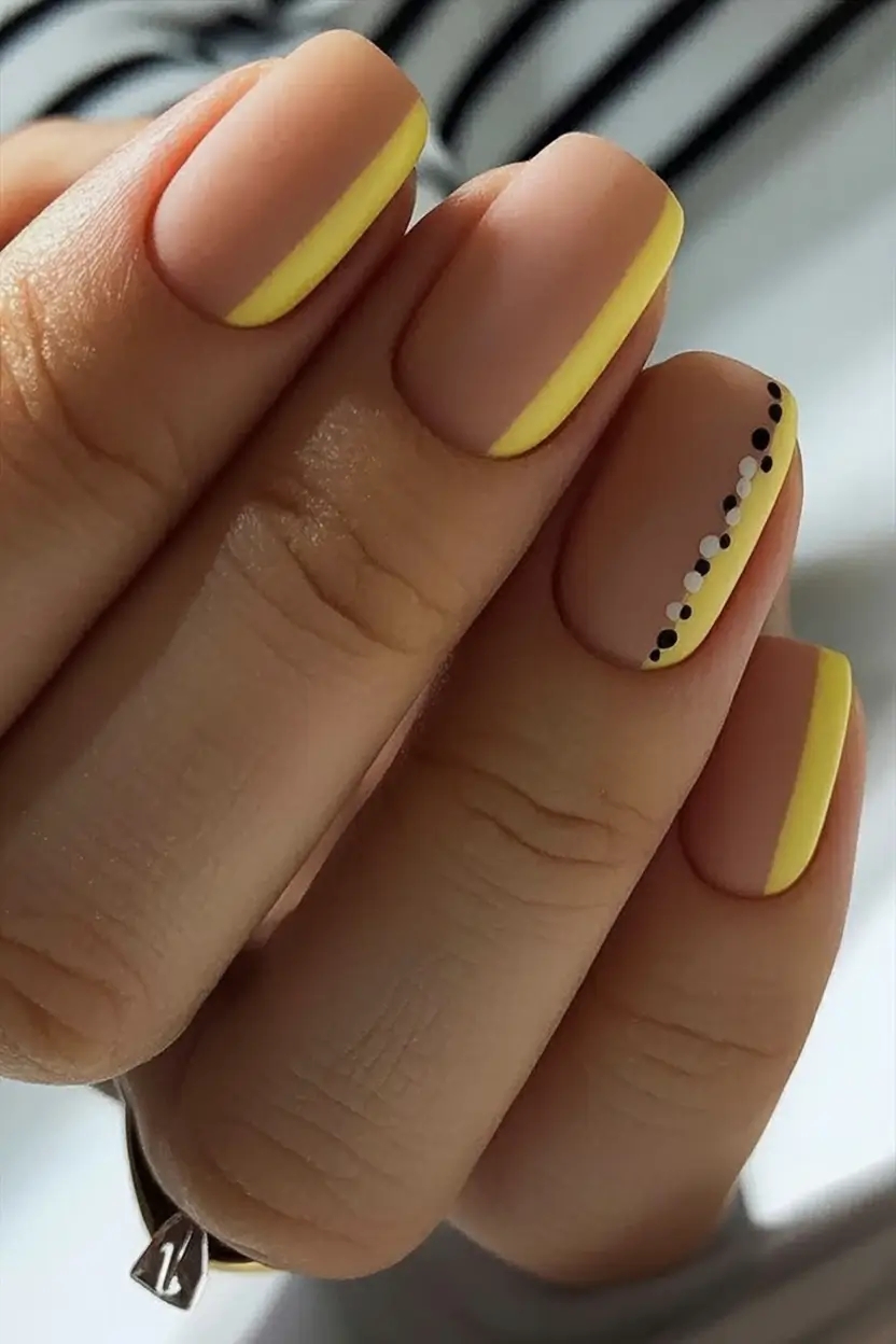 Fall Nail Art Ideas for September 2025 Matte Nude and Yellow Dots for Early Fall Sunshine