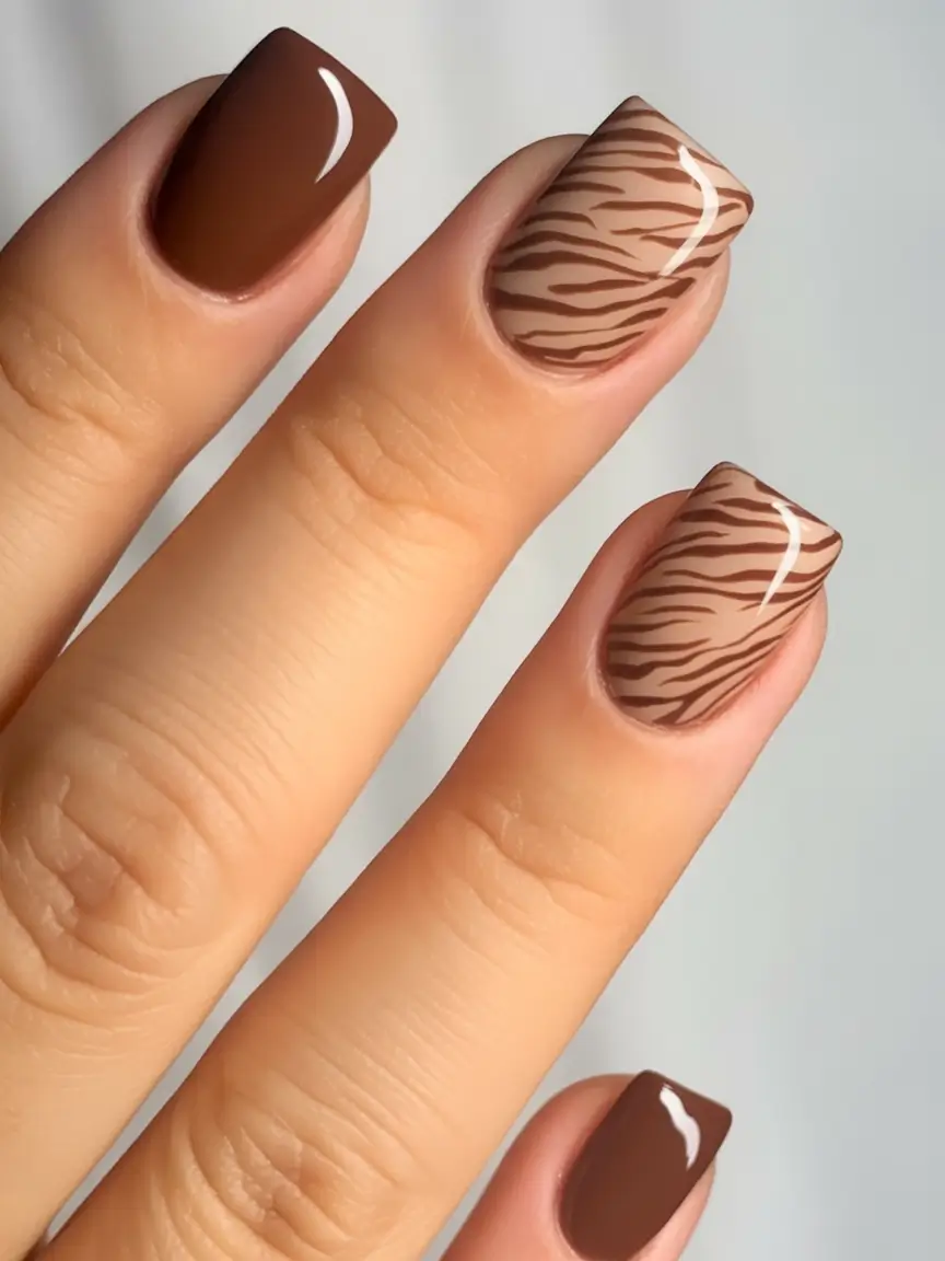 Fall Nail Art Ideas for September 2025 Zebra Whisper on Glossy Browns