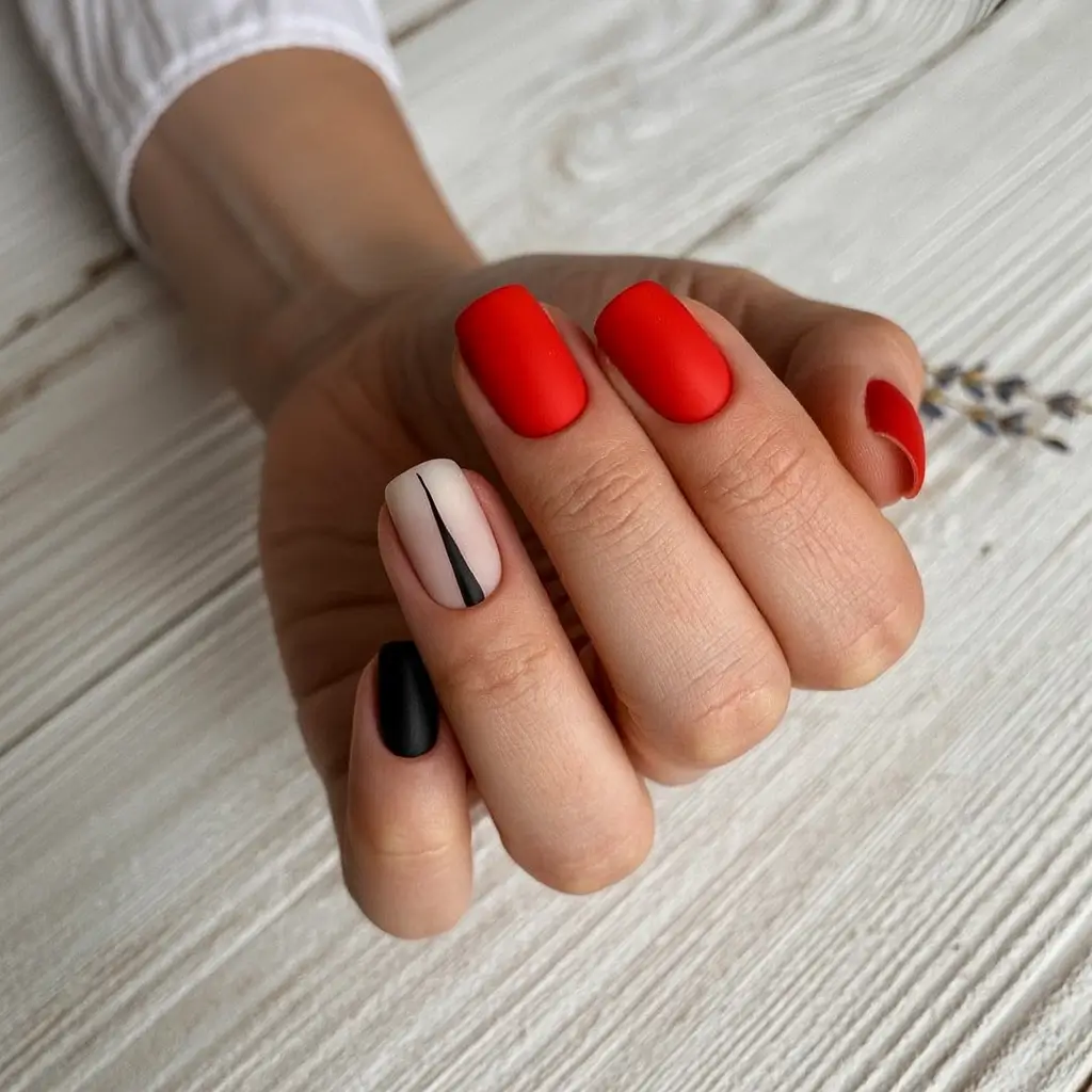 Fall Nail Art Ideas for September 2025 Color Blocked with a Red Edge