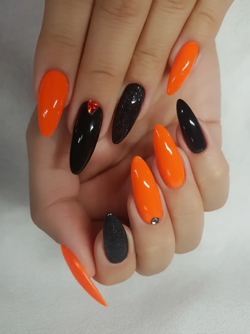 Fall Nail Art Ideas for September 2025 Halloween Nights in Glossy Orange and Black