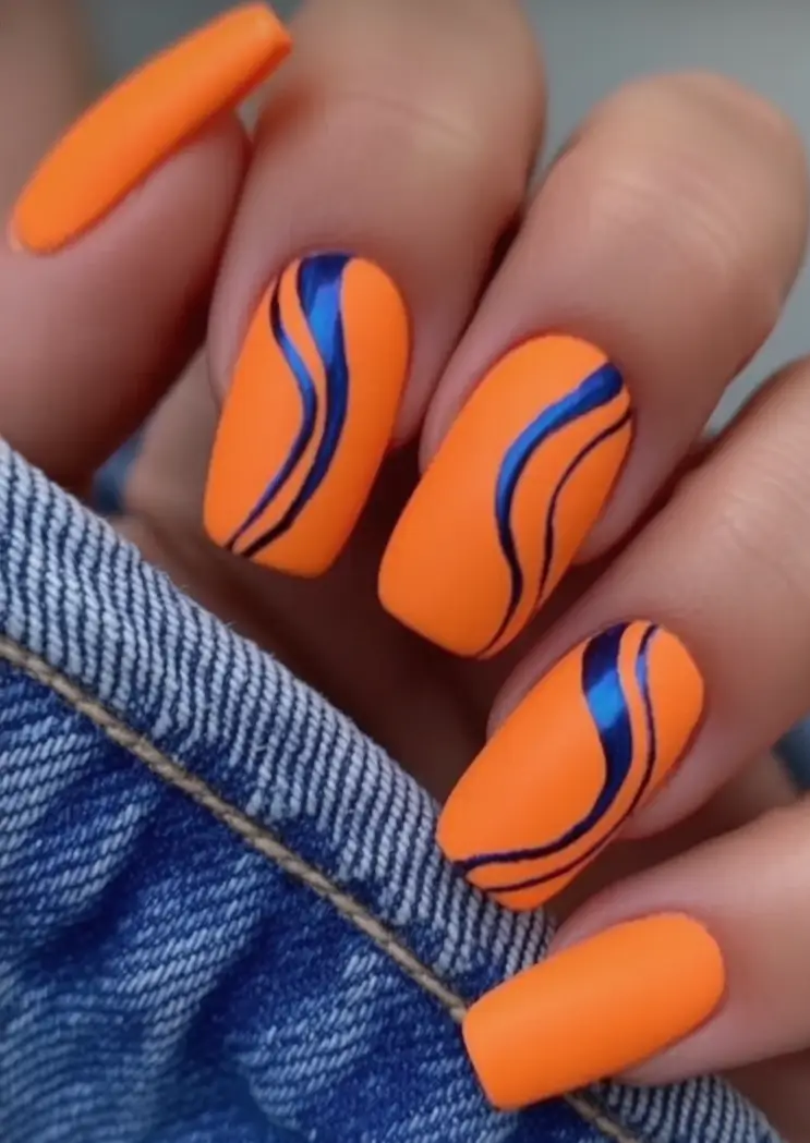 Fall Nail Art Ideas for September 2025 Blue Flame Waves on Orange Matte
