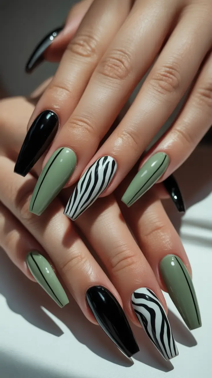 fall nail art ideas for september 2025 Fall Green And Zebra Fusion