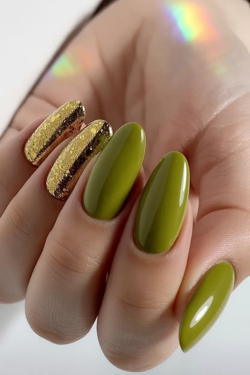 fall nail art ideas for september 2025 Olive Glam With Gold Glitter
