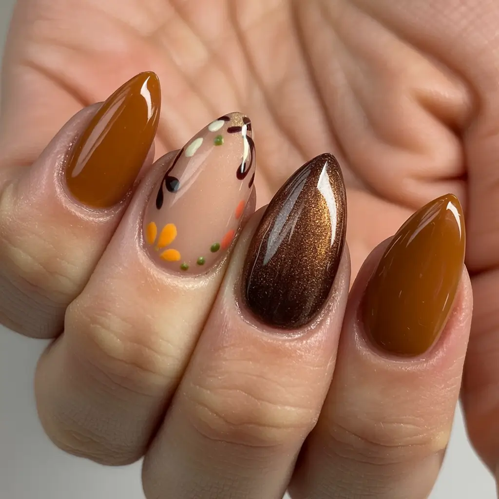 fall nails art ideas 2025 Autumn Florals with Metallic Glaze